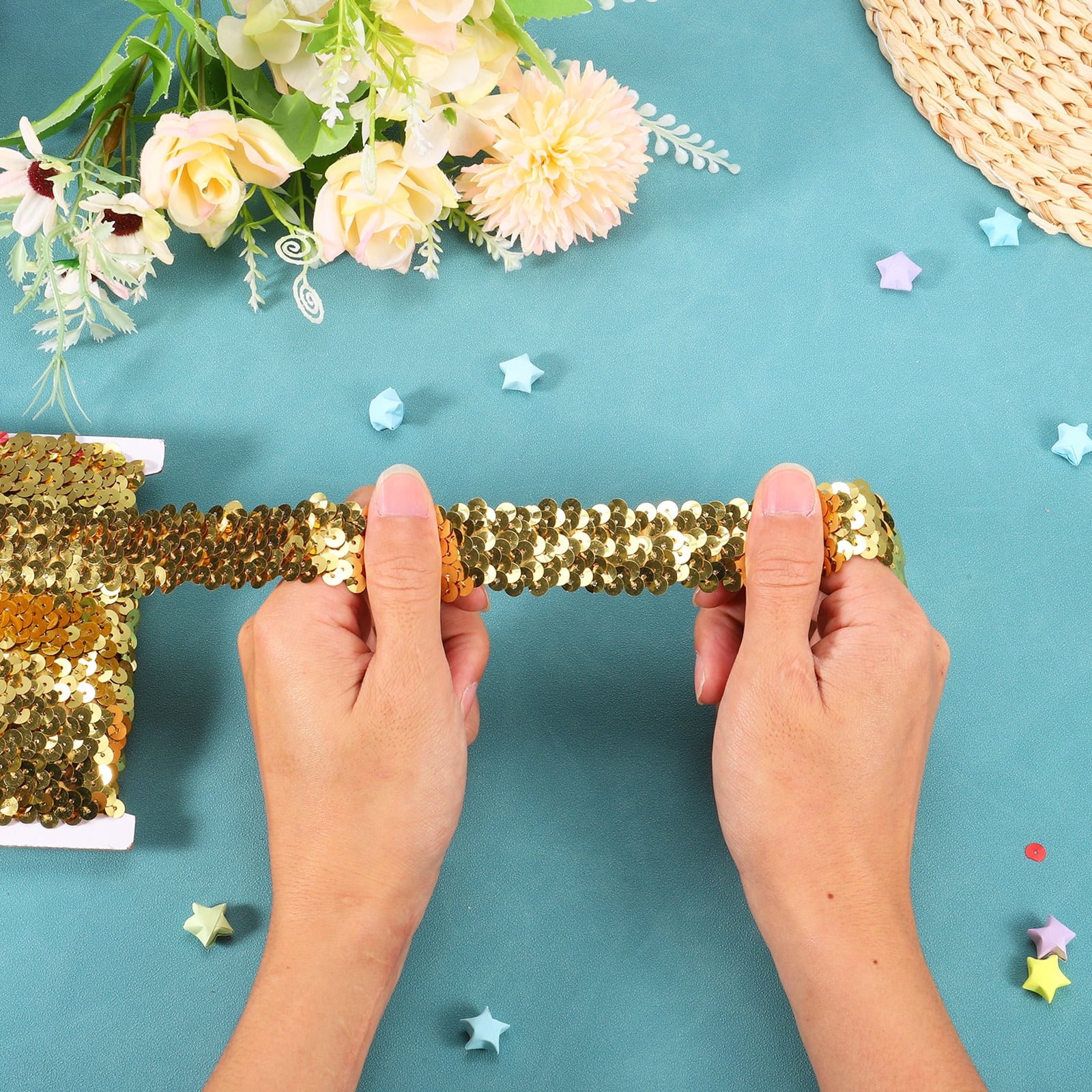 Uxcell 10 Yards 0.8 Inch Elastic Sequins Trim Flat Stretch Sequin Ribbon Strip, Gold