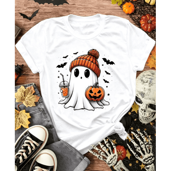 Cute Ghost Pumpkin Halloween T‑Shirt, Halloween Graphic Short Sleeve Crewneck Tee For Women,Casual Holiday Shirt
