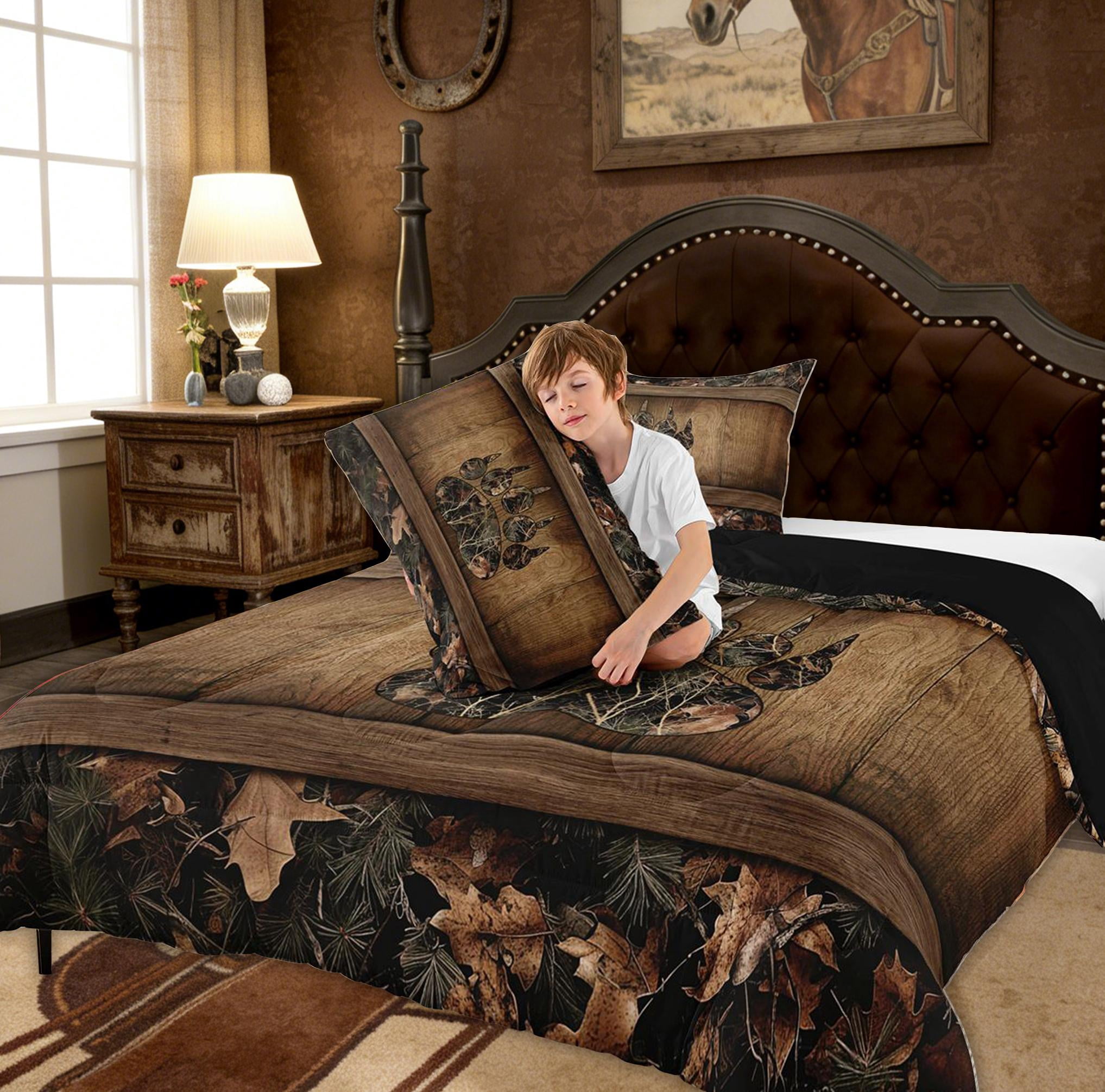 Camo Bear Paw Bedding Comforter Sets Hunting Woodland Wildlife Bedding Set Queen,Camouflage Rustic Cabin Comforter Set Farmhouse Woodland Board Animal Quilt Set Country Decor
