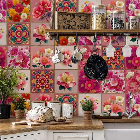 24Pcs DIY Decor Flower Tiles Wall Stickers Decals 6 x 6in Self Adhesive Waterproof Vinyl Mural Kitchen Backsplash Peel and Stick Tile