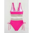 thumbnail image 4 of Women Tummy Control Swimsuits Color Block Two Piece Drawstring Bathing Suit Rose Red L, 4 of 7