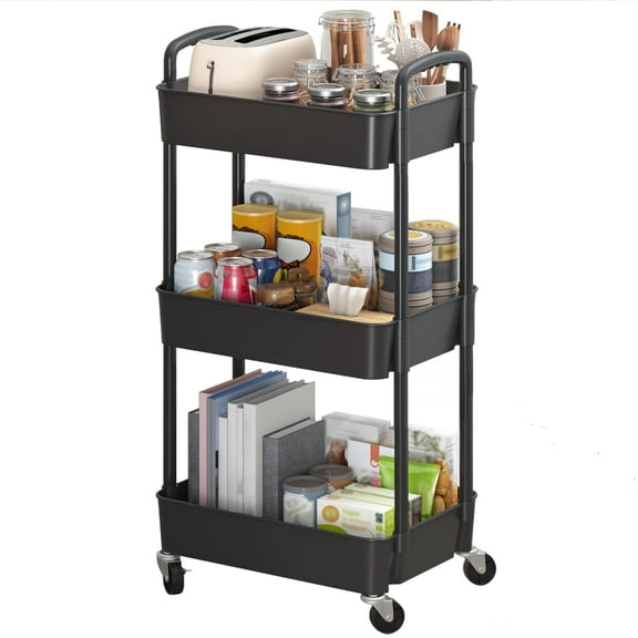 USIONE 3-Tier Plastic Rolling Utility Cart, 15×11×32 Inch Handle Design, Mobile Storage Trolley for Office Kitchen, Black