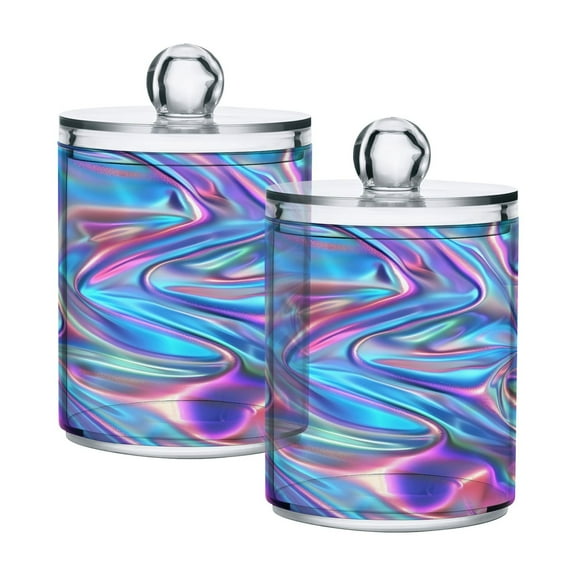 2 Pack Qtip Holder Dispenser Iridescent Liquid Marble Clear Plastic Storage Apothecary Jars for Cotton Swabs Balls Pads Floss