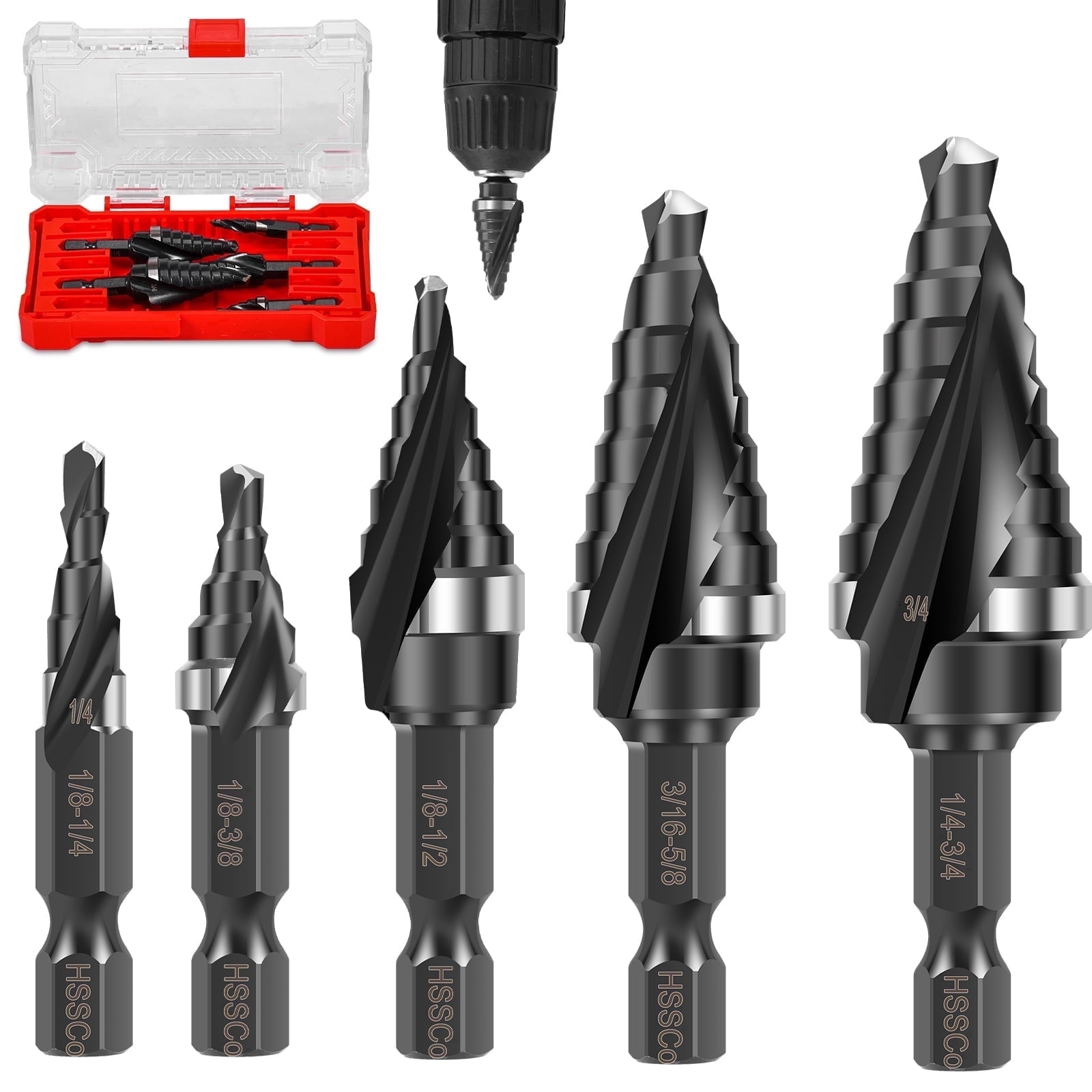 5Pcs Step Drill Bit Set for Metal, M35 Cobalt Unibit for Impact Driver Spiral Flute High Speed Steel Drill Bits for Stainless Steel and Hard Metals