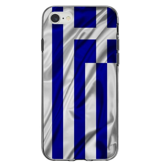 DistinctInk Clear Shockproof Hybrid Case for iPhone 7 8 SE (2020 Model) 4.7" Screen TPU Bumper Acrylic Back Tempered Glass Screen Protector - Greece Waving Flag