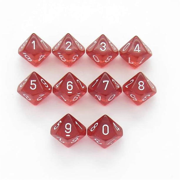 Pack of 10 Translucent Chessex 10Sided D10 Dice Red with White