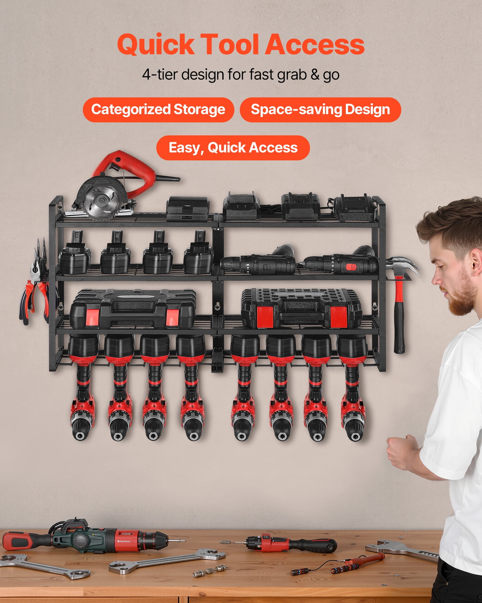 VEVOR Power Tool Organizer Wall Mount, 4-Layer Storage Rack with 8 Drill Holders, Tools Holder and Storage Rack with Screwdriver Holder, Garage Tool Organizer for Garage, Workbench, and Workshop