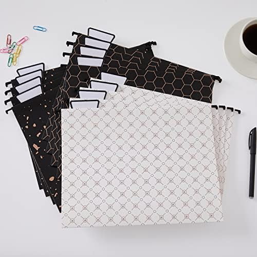 12 Pack Decorative Hanging File Folders Letter Size Rose Gold File Folder Pretty Hanging Folder Organizer for Filing Cabinet Office Home with 1/5-Cut Adjustable Tabs, 3 Black Foil Design