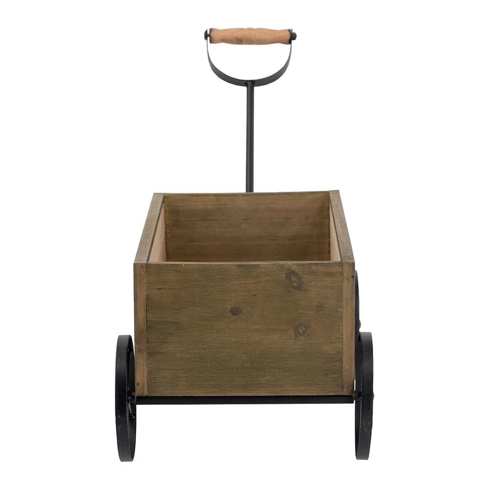 Farmhouse Flower Market Wagon Planter 16.5x9.5x8 Inch Black Metal Wheels for Tabletop Kitchen Counter