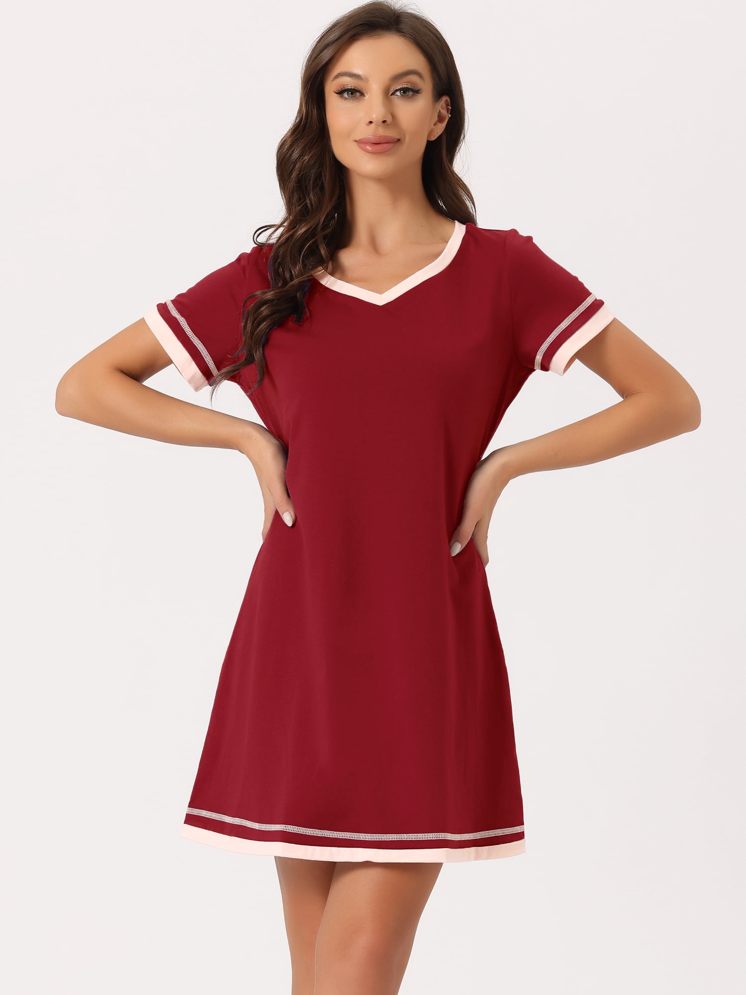 DARING DIVA Women's Short Sleeve V Neck Contrast Color Nightgown Sleepdress L Burgundy