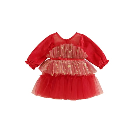 

Canrulo Toddler Baby Girl Christmas Clothes Star Print Mesh Tulle Tutu Dress Princess Party Pageant Tutu Dresses Red 18-24 Months