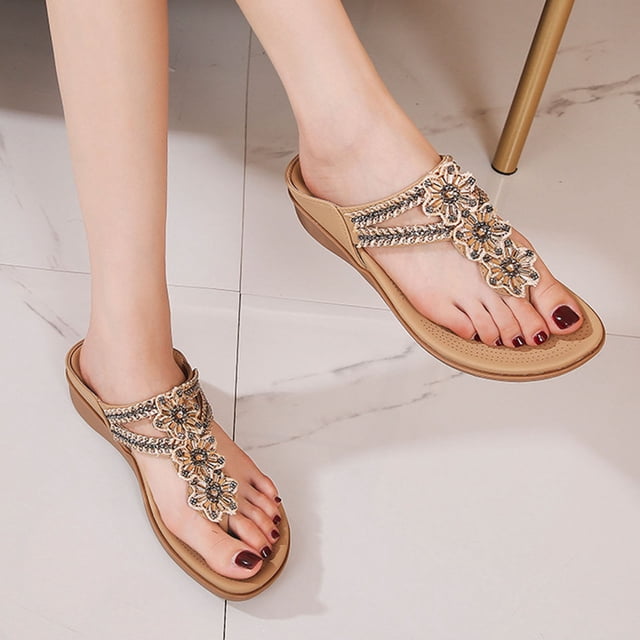 LSLJS Sandales Rétro pour Femmes à Fleurs Perlées avec Strass Grande Taille Mode Polyvalentes Douces et Confortables, Pantoufles pour Femmes