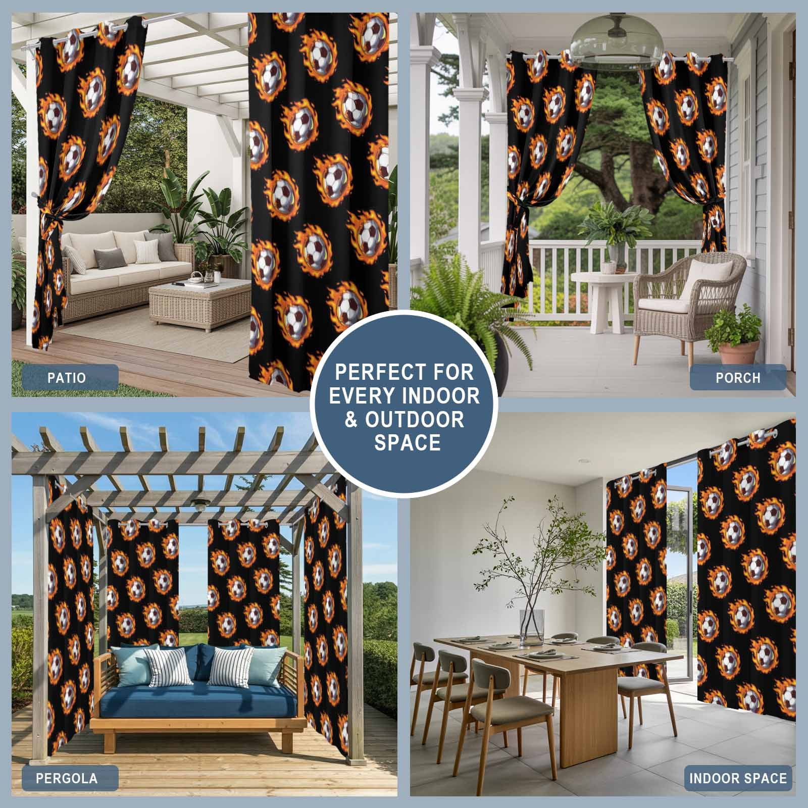 Dark Flaming Soccer Outdoor Curtains for Patio, Sports Orange Yellow Soccer Ball Black Background Sunshade Privacy Drapes Grommet Waterproof Outside Curtains for Porch Balcony 54"x108", 1 Panel