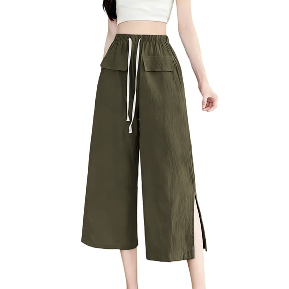 Pants for Women, Linen Capri Pants Women Drawstring Waist Flowy Casual Split Wide Leg Capris Beach Vacation Lounge Summer Pants