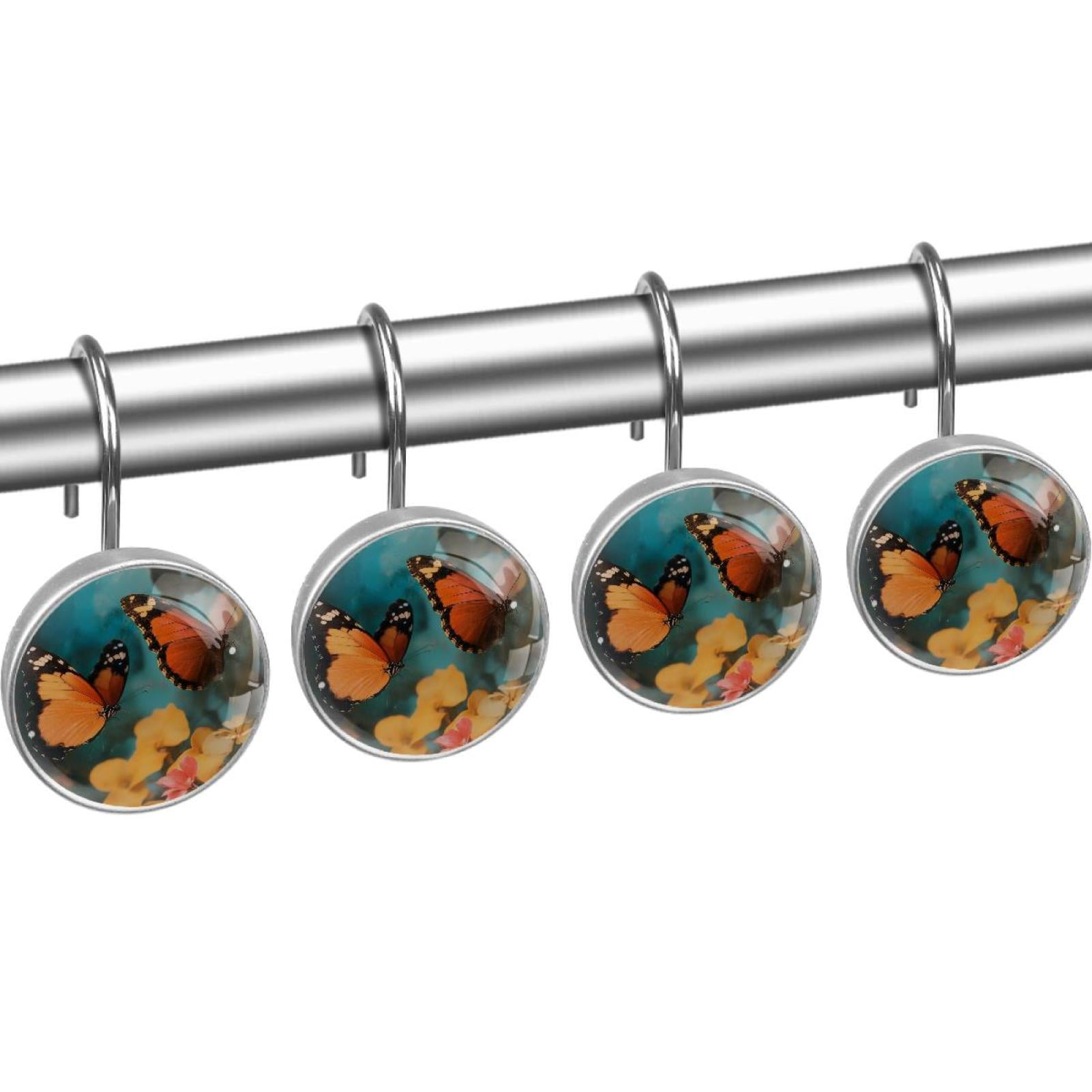 Flying Butterflies on Flower Shower Curtain Hooks Round Crystal Glass, Set of 12 Shower Curtain Rings - Shower Hooks for Curtain Shower Rings