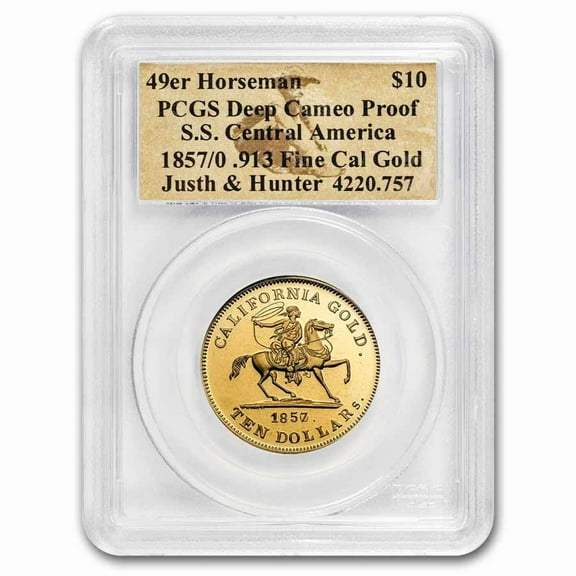 1857/0 $10 49er Horseman .913 Fine Cal Gold PCGS (Box & COA)