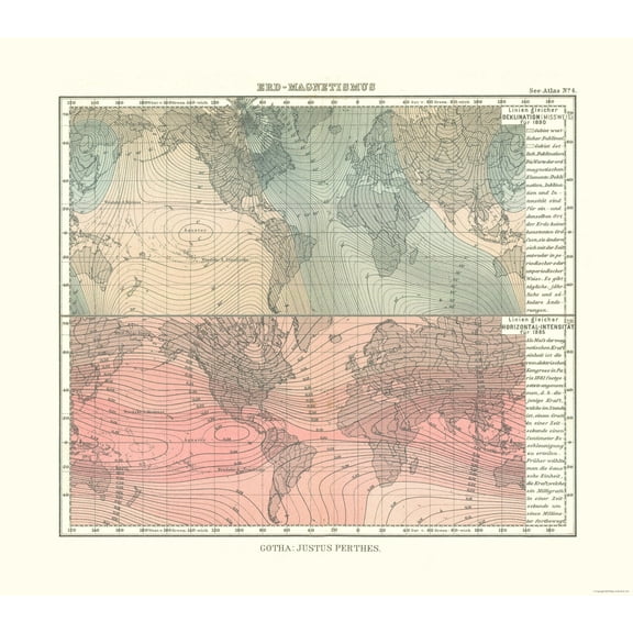 Historic Map - Earth Magnetism - Perthes 1914 - Vintage Wall Art