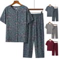 thumbnail image 1 of 2 Pcs/Set Women Top Pants Set V Neck Loose Type Mid Waist Long Pants Soft Grandma Style Plus Size Elastic Waist Summer Pajamas Set for Daily Wear, 1 of 7