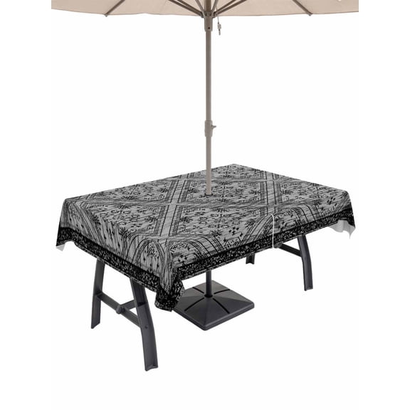 Outdoor Tablecloth with Umbrella Hole for Patio/Picnic/Party/Camping, Black Flowers Waterproof Table Cloth Rectangle Table Cover Washable, Spring Floral Farmhouse Retro Art (60"x 84")