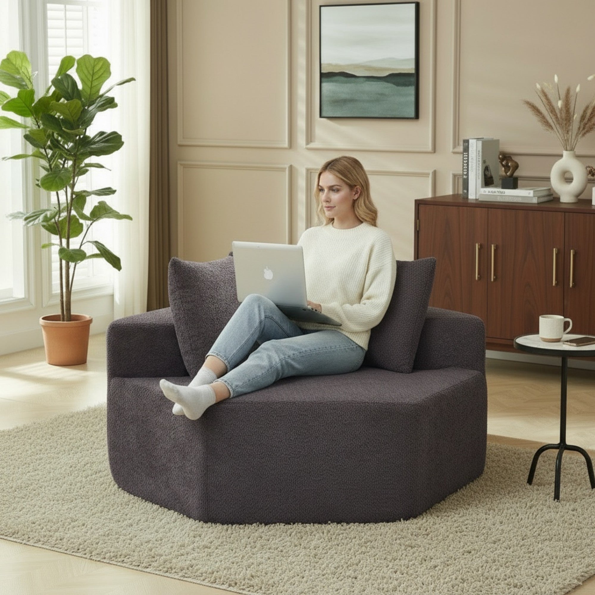 Sailvan 54" Modern Hexagonal Modular Circular Sofa, Chenille Upholstered Single Lounge Chair with 3 Pillows for Living Room & Game Room Grey
