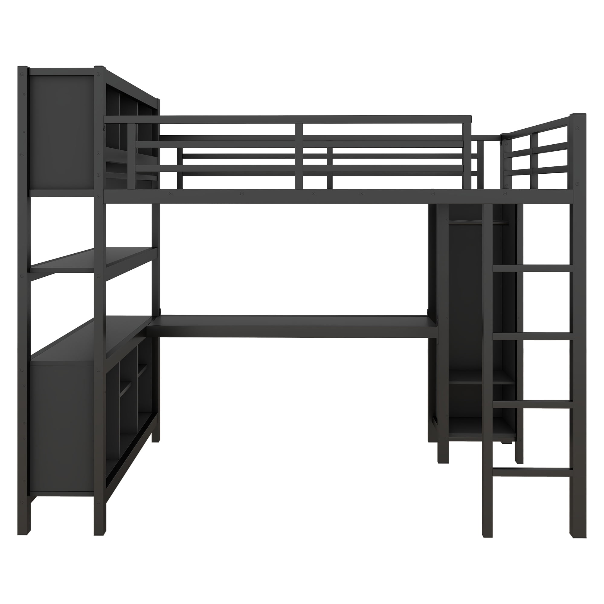 Full Size Loft Bed for Teens and Adults,Metal Loft Bed with Wardrobe And L-shaped Desk,Heavy Duty Loft Bed with Storage Cubes and Shelves for Kids Teens Adults,Black