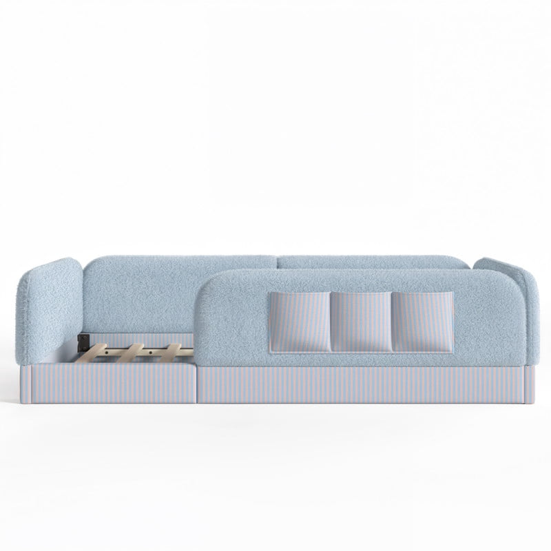Twin Size Kid's Upholstered Floor Bed Frame, Montessori-Style Low Profile Platform Bed with Safety Guardrail & Storage Pockets