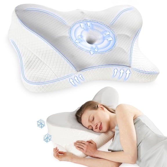 JIOABL Queen Size Ergonomic Contour Memory Foam Pillows, Cervical Neck Pillow with Cooling Case for Neck Pain Relief, Light Grey