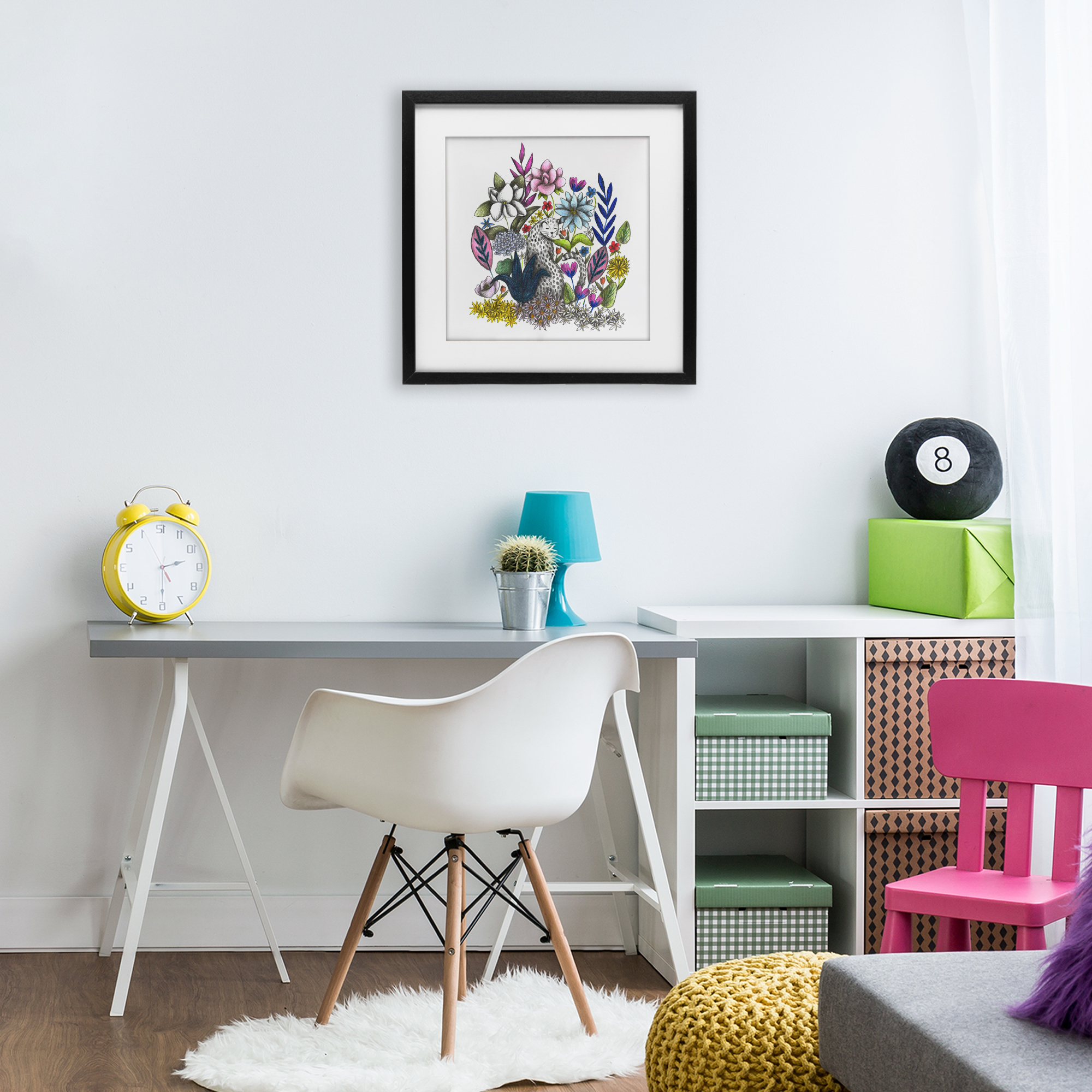 Leopard in Midst of Flowers Black Framed Print Under Glass, design by Cecilia Battaini