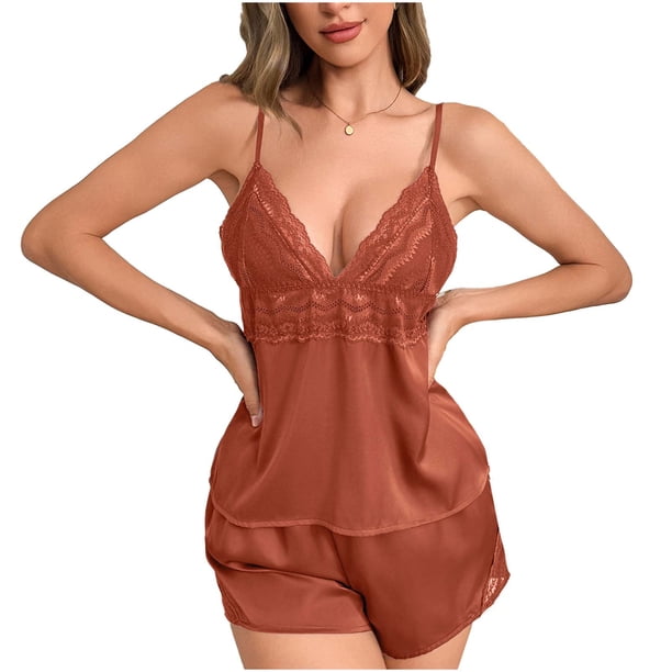 Mujeres Seda Pijamas Conjunto Pantalones Cortos Encaje Casual Recorte, Pendiente Cuello en V Hielo Seda Dos Piezas de Ropa de Dormir