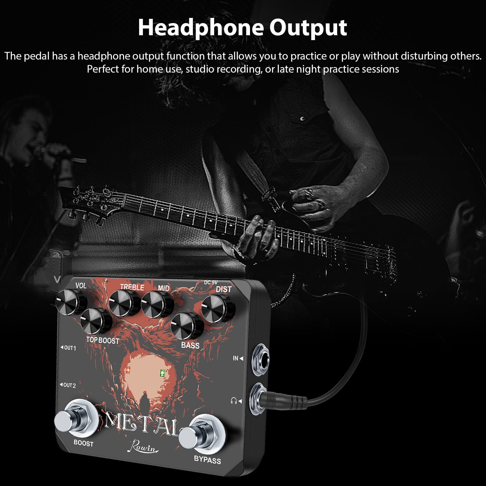Metal Guitar Effect Pedal Traditional Metal Sound 80s/90s Headphone Output TREBLE/MID/BASS/BOOST/VOL/DIST For Electric Guitar Effect Pedal True Bypass DC 9V Full Metal Case