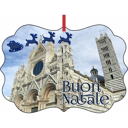 Cathedral Santa - Santa Klaus and Sleigh Riding Over Siena Cathedral, Italy Elegant Aluminum SemiGloss Christmas Ornament Tree Decoration - Unique Modern Novelty Tree Décor Favors