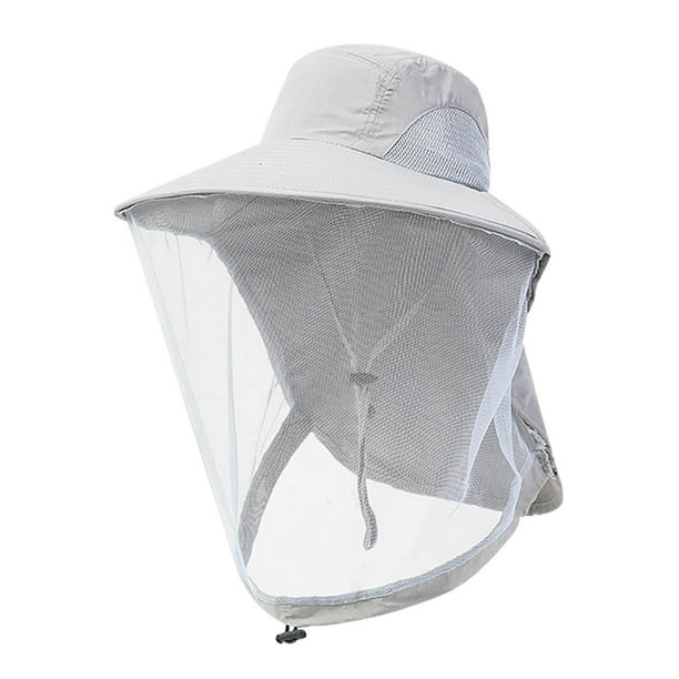 Sombrero con mosquitera para acampar al aire libre, jardinería, protector para la cabeza con ala ancha, protección solar, cubierta facial de malla plegable, correa ajustable para la barbilla.