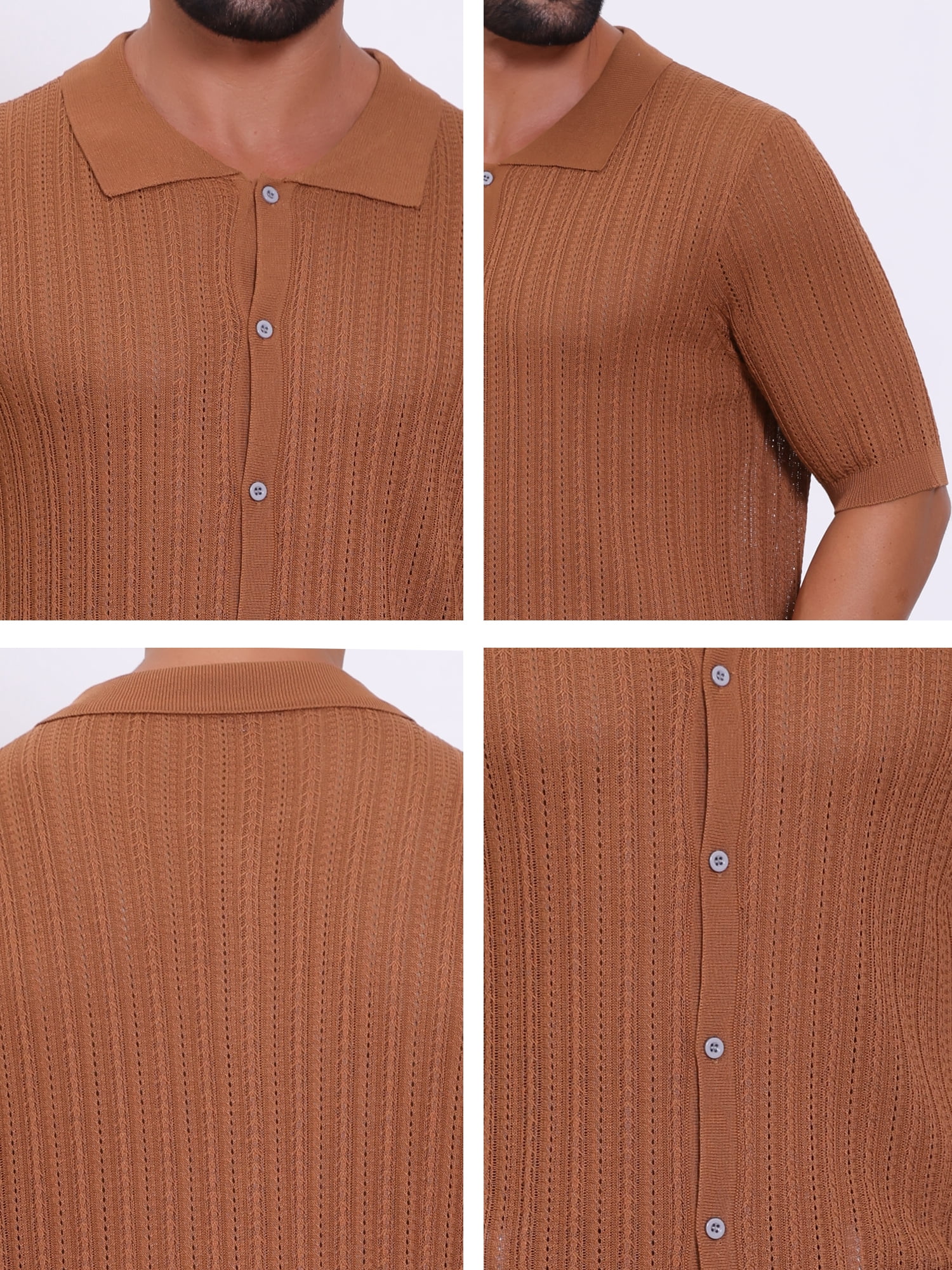 DARING DIVA Men's Striped Summer Short Sleeve Knitted See Through Shirts 2XL Brown