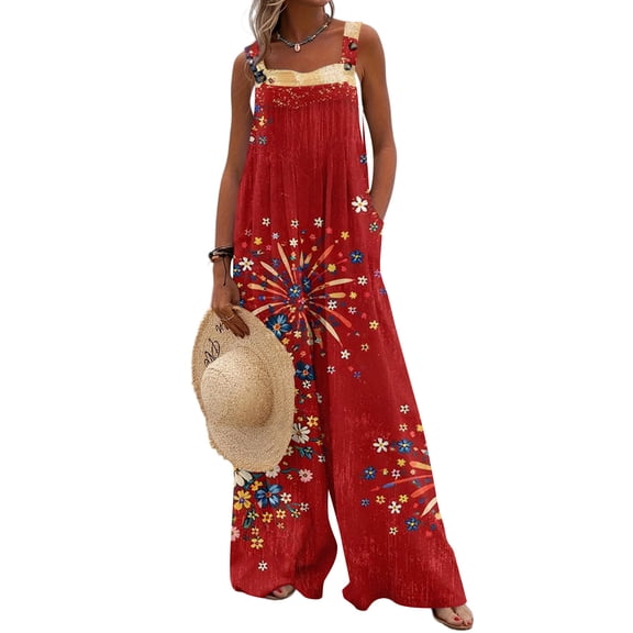250 Anniversary USA Flag Jumpsuits for Women Casual Sleeveless Loose Patriotic Overalls Wide Leg Romper with Pockets 2XL