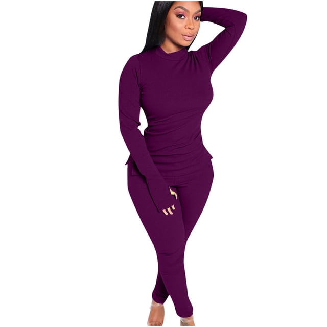 Besolor Ensembles 2 Pcs pour Femmes Décontractés Ajustés Col Rond Manches Longues Hauts et Pantalons Moulants Ensembles de Détente Survêtement