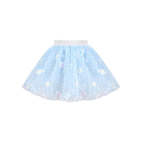 Sunny Fashion Girls Tulle Blue Mini Skirt 3D Floral Embroidery Sequin Princess Festival Summer 9-10 Years