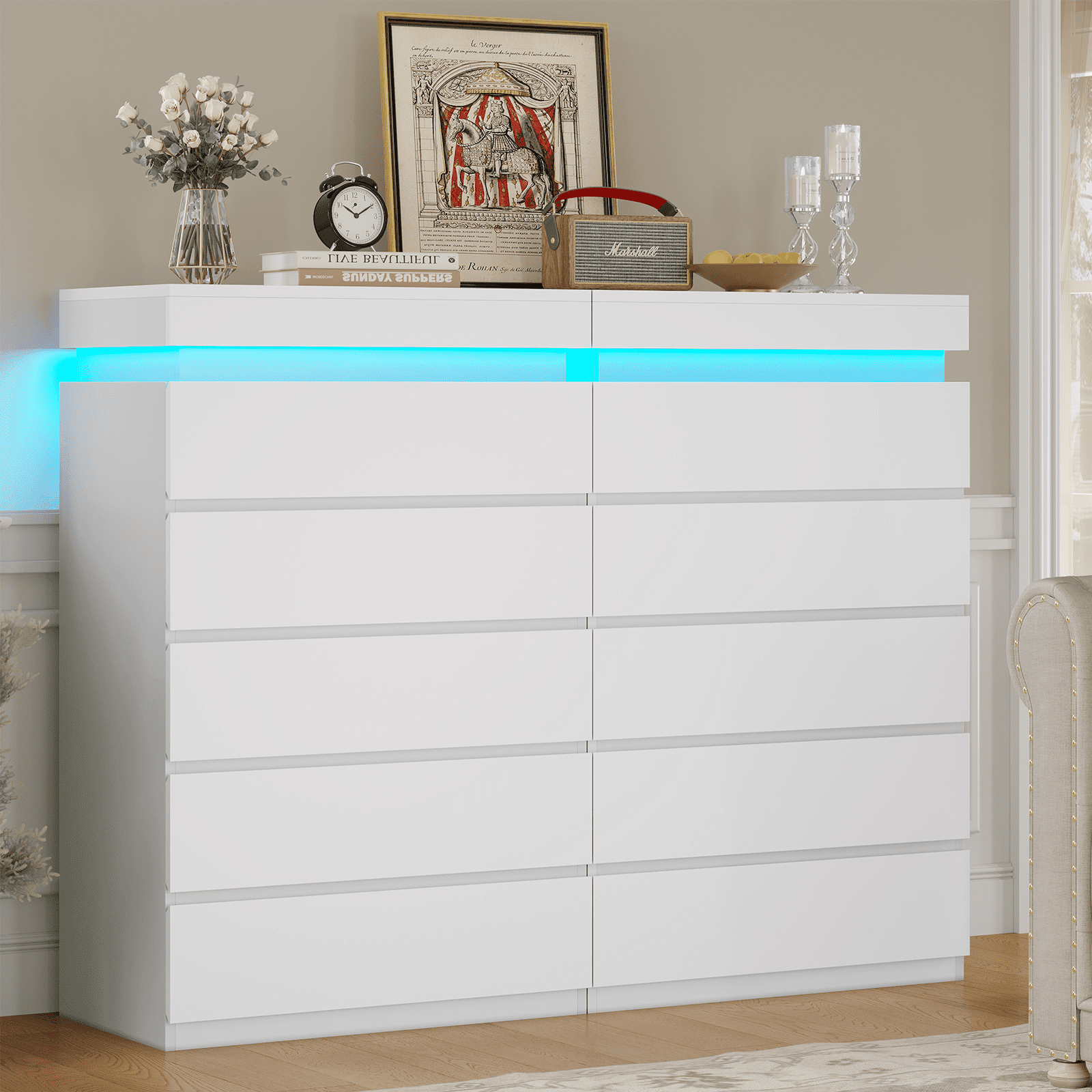 Modern 5 Drawer Dresser with LED Light, Chest of Drawers with LED Lights, Large Storage Tower Clothes Organizer, White Dresser for Bedroom, Living Room, Entryway, Hallway