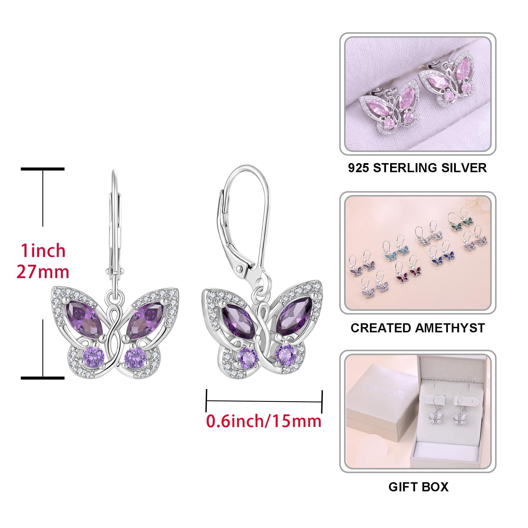 Starchenie Butterfly Earrings for Women 925 Sterling Silver Leverback Earrings Birthstone February Amethyst Butterfly Jewelry Gifts