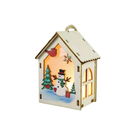 

TureClos Xmas Wood House Exquisite Desktop Ornament Cabin-Shaped Night Lamp Painted Glowing Miniature Luminous Pendant Tree Window Snowman