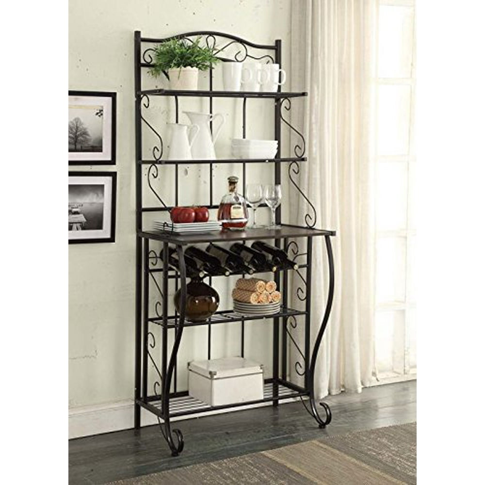 5Tier Black Metal Cappuccino Finish Shelf Kitchen Bakers Rack Scroll