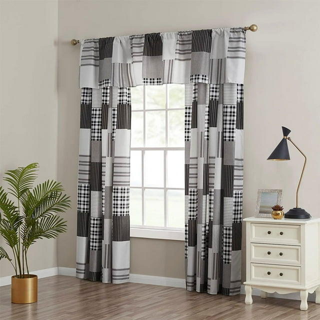 Legacy Decor Bedspread Matching Curtain Drapes Set Grey & White 60” W x 84” L with 18” Valance