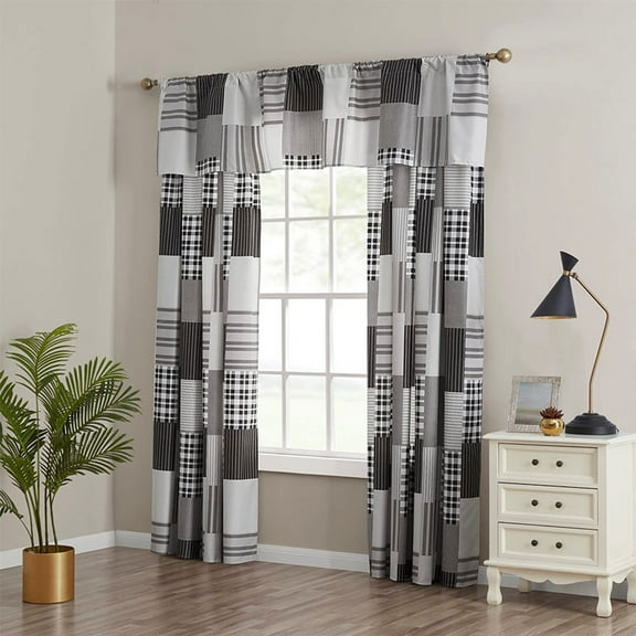 Legacy Decor Grey & White Patchwork Rod Pocket Light Filtering Curtains, 60” x 84” (2 Panels)