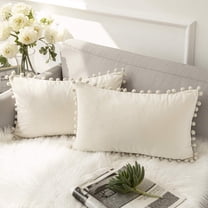 Ashler Decorative Soft Velvet Throw Pillow Cushion Covers with Pom Poms Particles Solid for Couch Bedroom Car, White, 12 X 20 ,Packs of 2