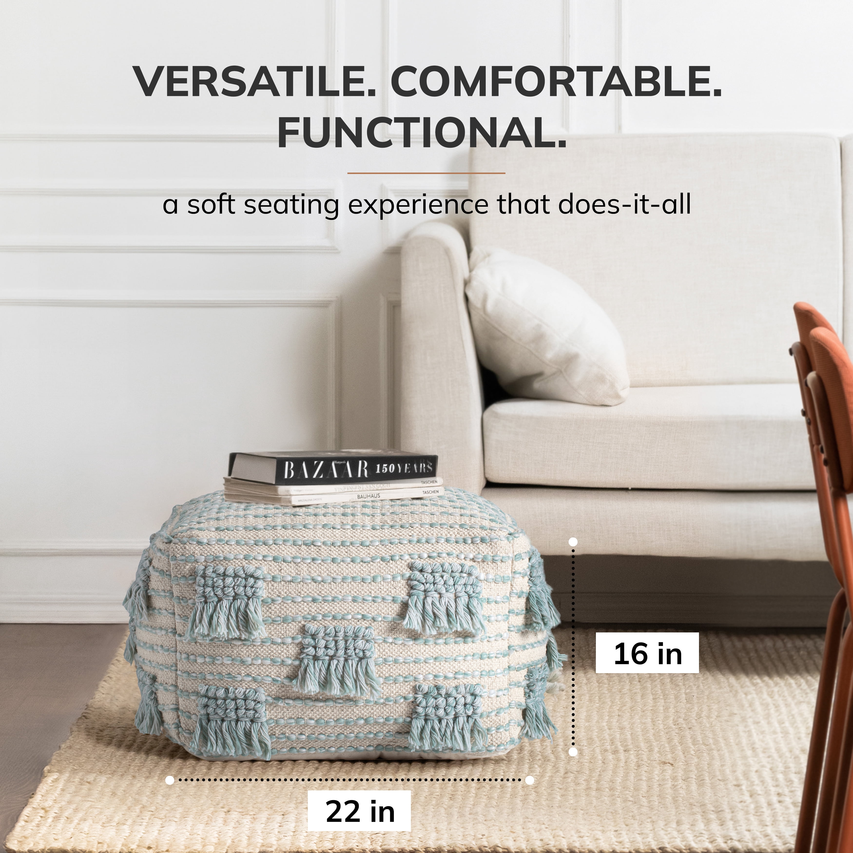 French 75 22" x 22" x 16" Beige & Green Pouf