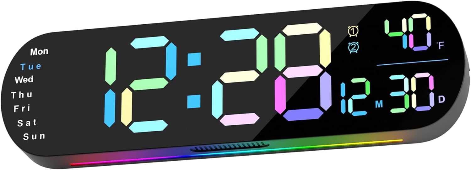 Hansang Digital Wall Clock with Auto Brightness, Displays Room Temperature and Date, Large Digital Clock Equipped with Dual Alarm Clock and 13.7-Inch Wide Display, Color Fonts