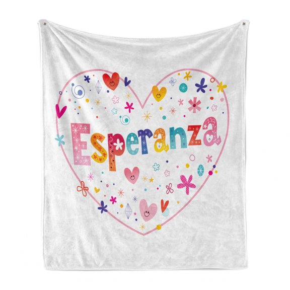 Spanish Soft Flannel Fleece Blanket, Esperanza Girls Name in Floral Heart Shape Romance Love Birthday Celebration Theme, Cozy Plush for Indoor and Outdoor Use, 50" x 60", Multicolor, by Ambesonne