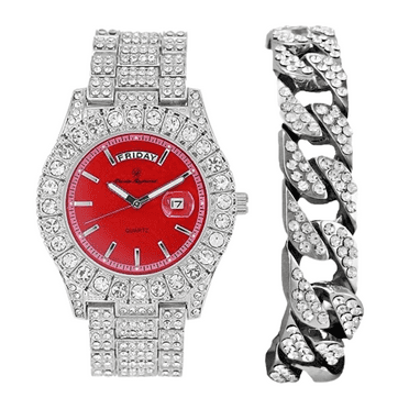 CHARLES RAYMOND Big Rocks Fully Iced Out Diamond Mens Watch w/Easy Read Date & Day - Designer Hip Hop Blinged Out Timepiece - ST10535 (ST10535-LN SLV Red -C)