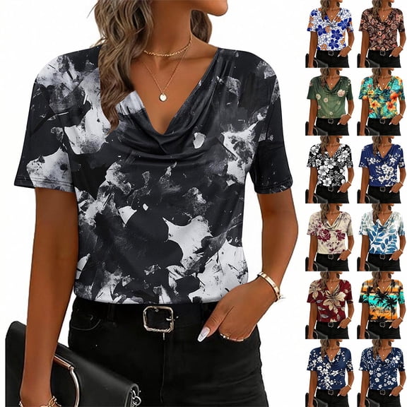 Otvok Women'S T-Shirt Printed Fashionable Pile Collar Breathable Summer Short Sleeve Casual Tops