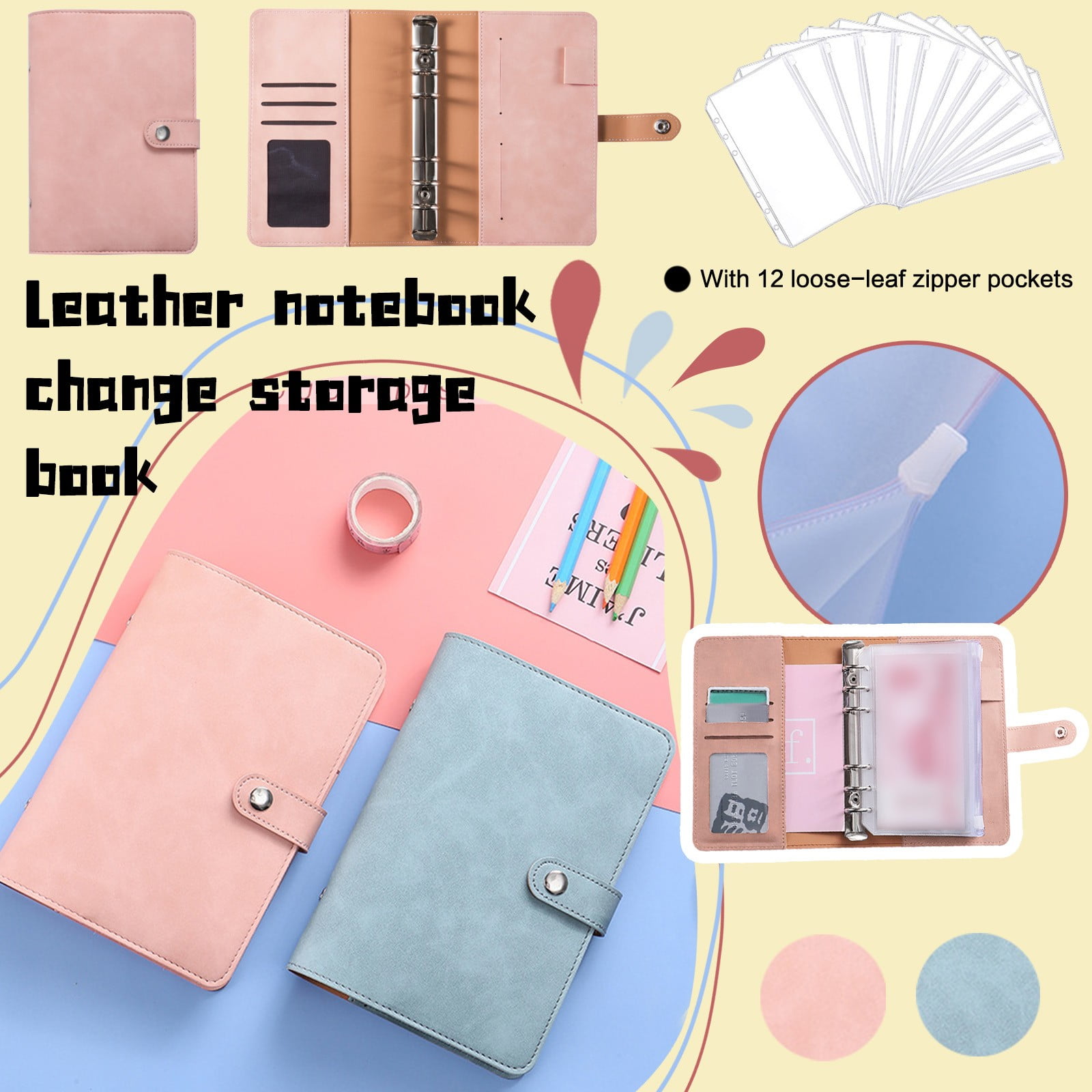 WNG A6 Leather Notebook with 12 LooseLeaf Zipper Pockets, Bill Change Storage Book