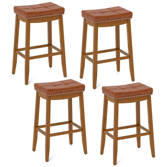 Costway 29" Bar Height Stools Set of 4 with PU Leather Seat Solid Rubber Wood Frame